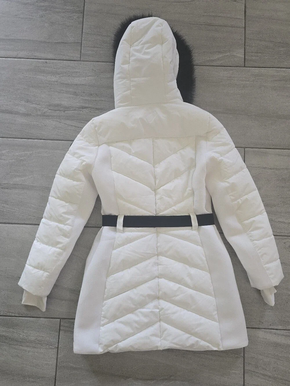Michael Kors Women's Belted Hooded Puffer Coat Faux Fur Trim Size S Retail $300